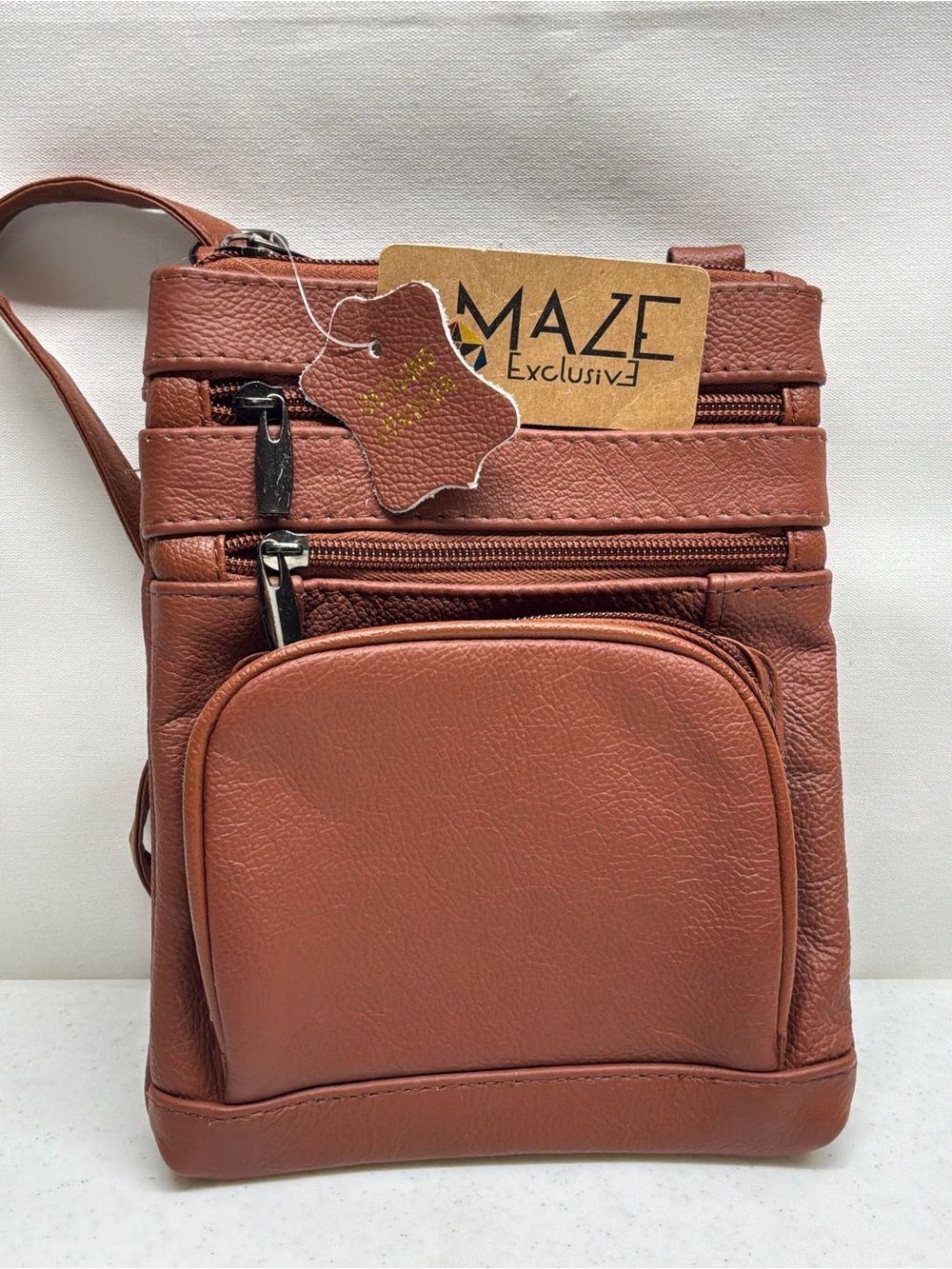 Maze Brown Genuine Leather Crossbody Bag 7" X 9"